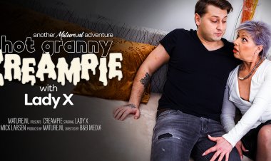 Young guy fucks hot small breasted grandma Lady X and gives her a creampie