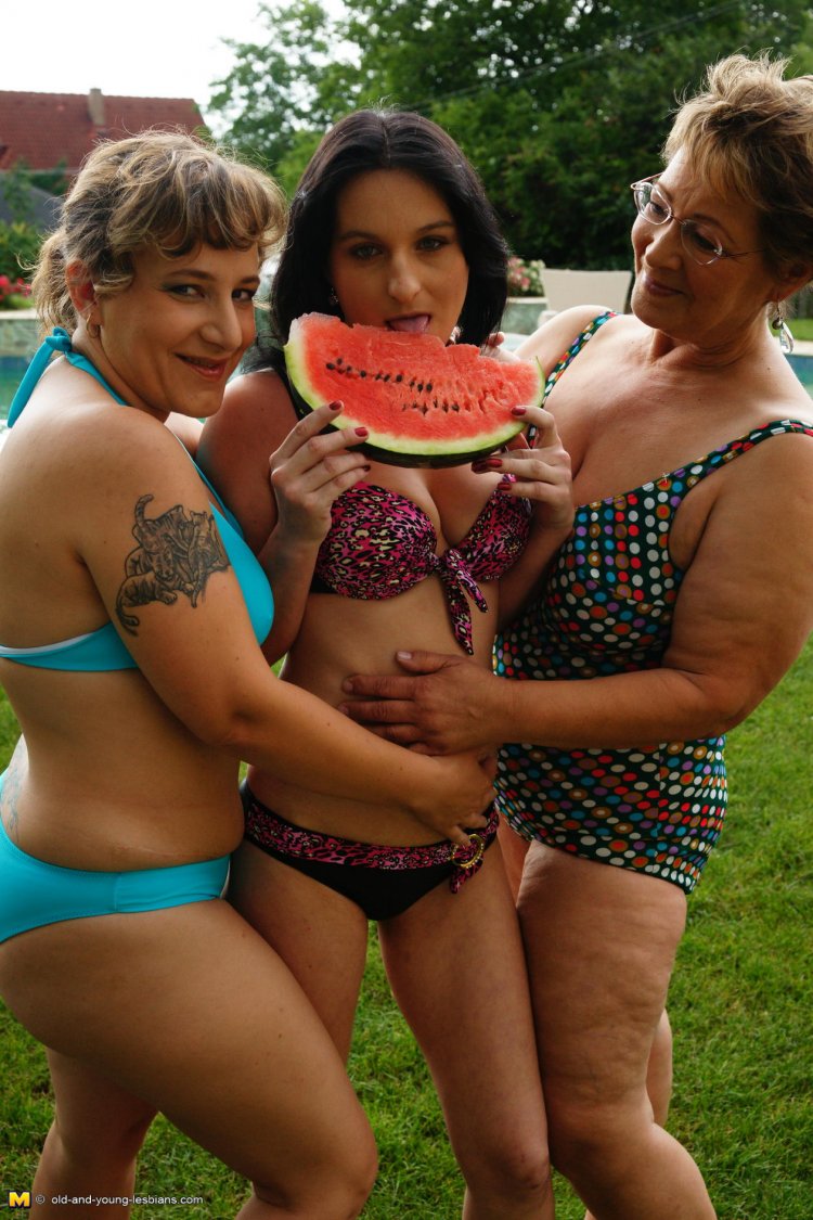 Three old and young lesbians have fun