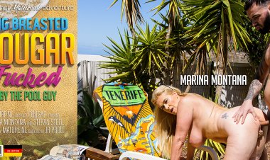 Big breasted cougar Marina Montana gets fukced at the poolside under the hot sun
