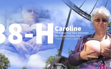 Granny Caroline with a cup size of 38 plays with Her Massive Tits and Talks Dirty in the Garden